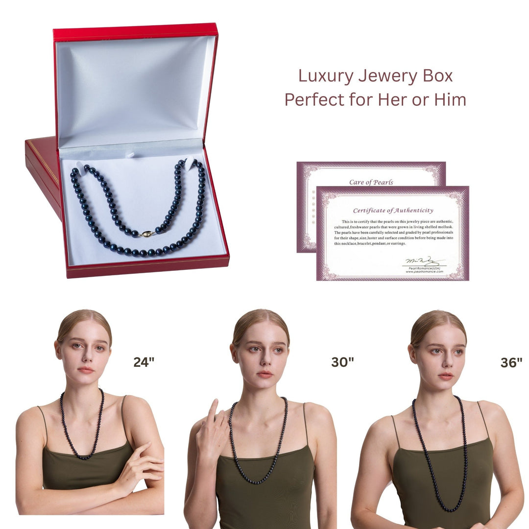 Long 30 Inch ROUND Cultured Freshwater Black Pearl Necklace