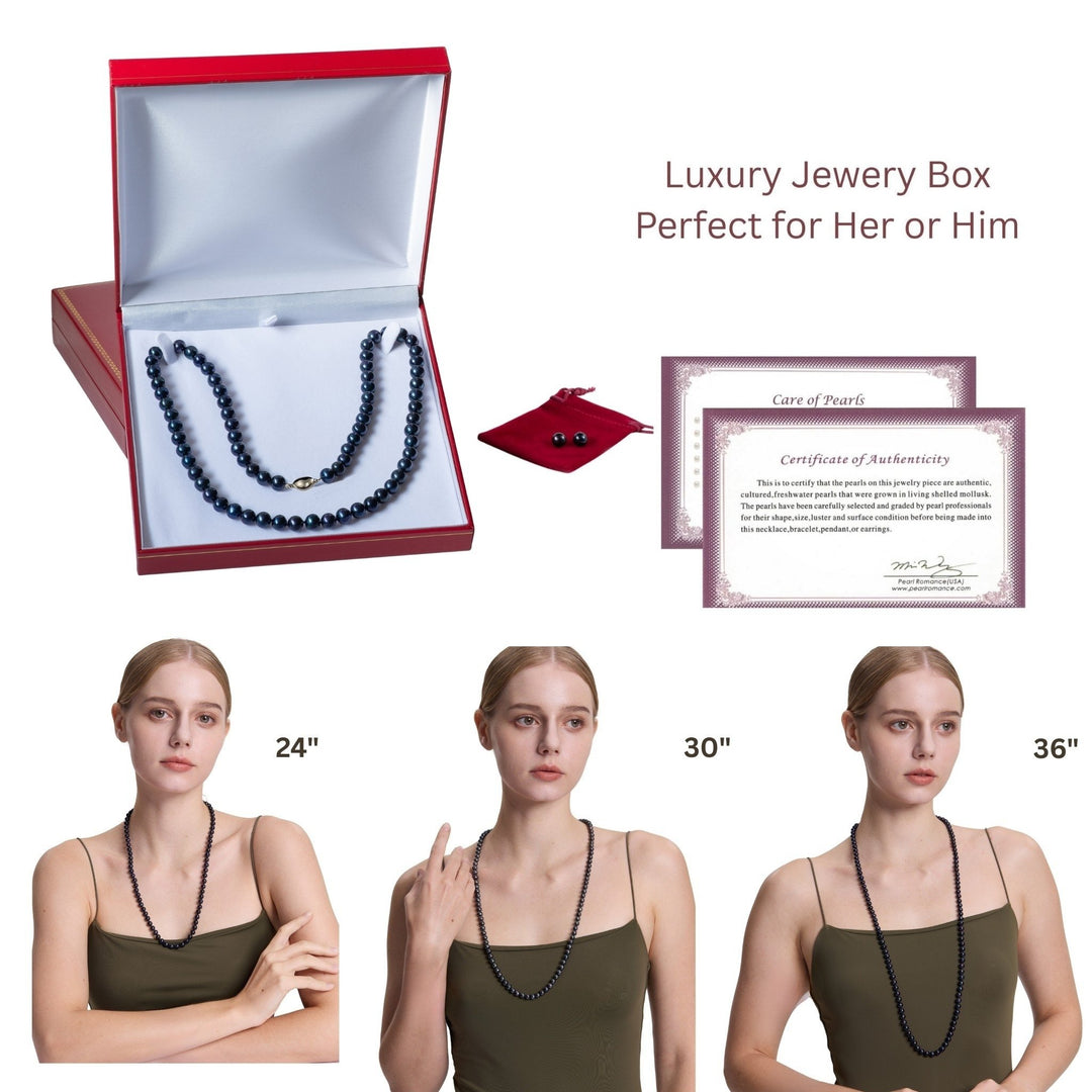 Long 30 Inch ROUND Black Pearl Set Necklace Earrings