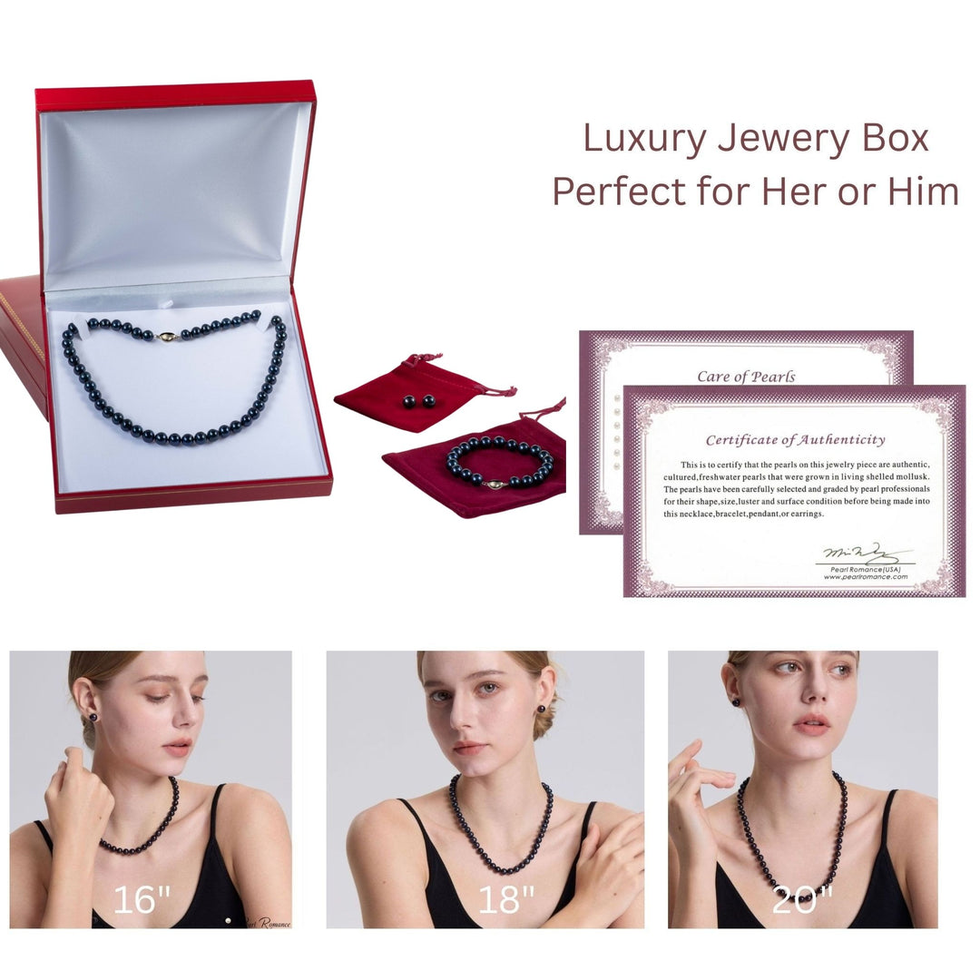 20 Inch ROUND Black Pearl Set Necklace Bracelet Earrings