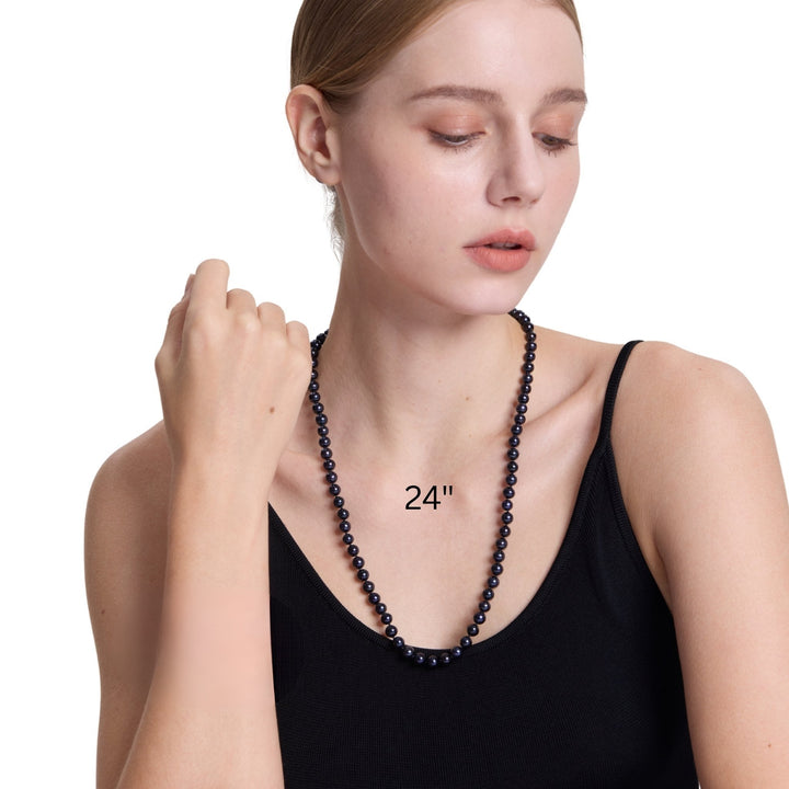 Long 24 Inch ROUND Cultured Freshwater Black Pearl Necklace