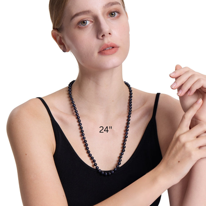 Long 24 Inch ROUND Cultured Freshwater Black Pearl Necklace