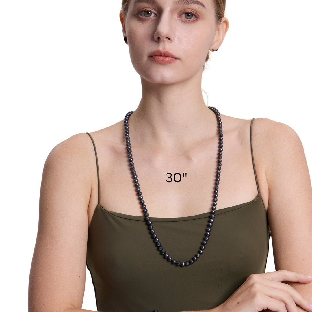 Long 30 Inch ROUND Cultured Freshwater Black Pearl Necklace