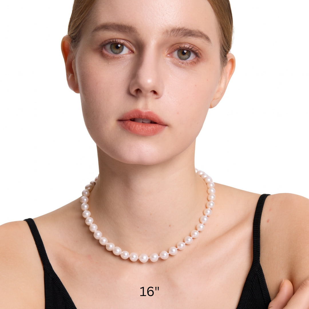 AAA+ 16 Inch Choker 7-7.5mm White Pearl Necklace Sterling Silver Clasp Cultured Freshwater