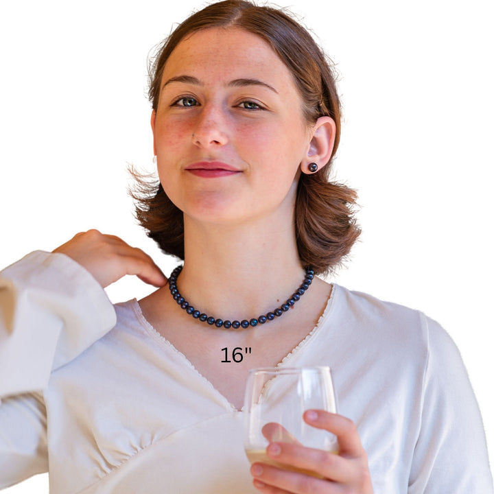 16 Inch ROUND Black Pearl Set Necklace Earrings
