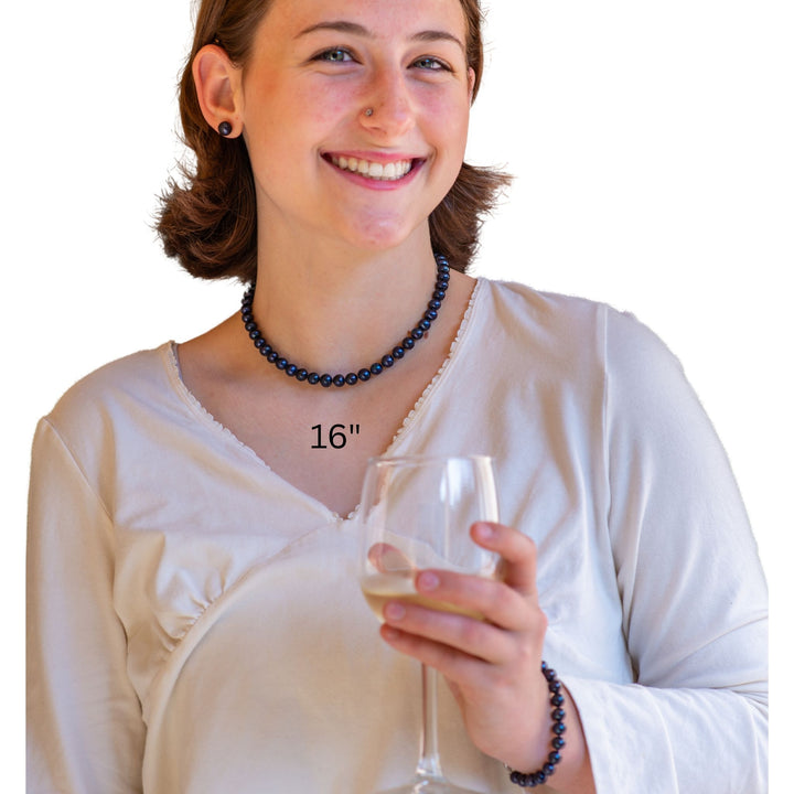 16 Inch ROUND Black Pearl Set Necklace Bracelet Earrings