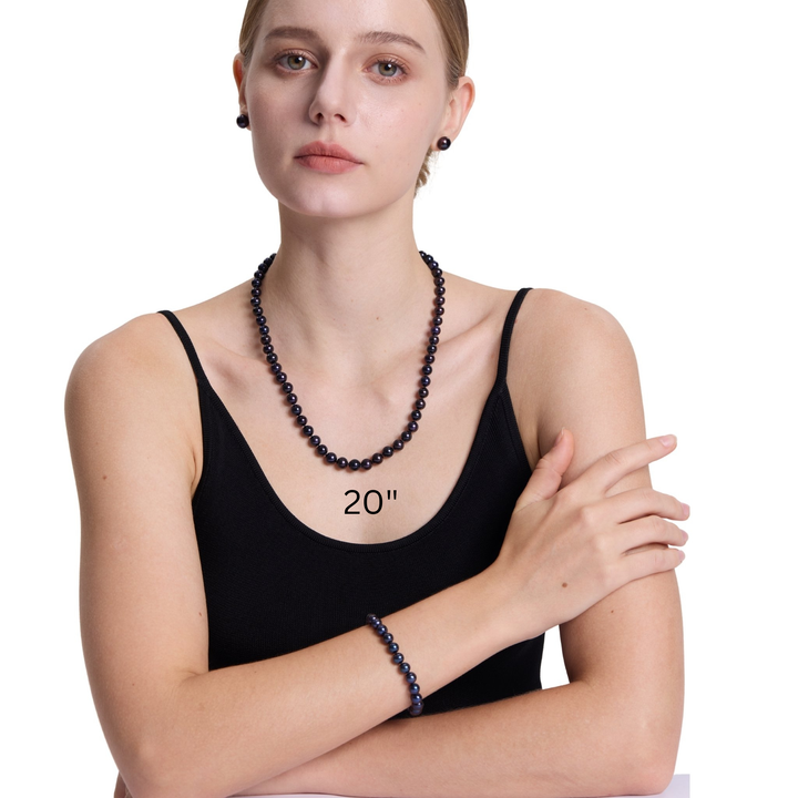 20 Inch ROUND Black Pearl Set Necklace Bracelet Earrings