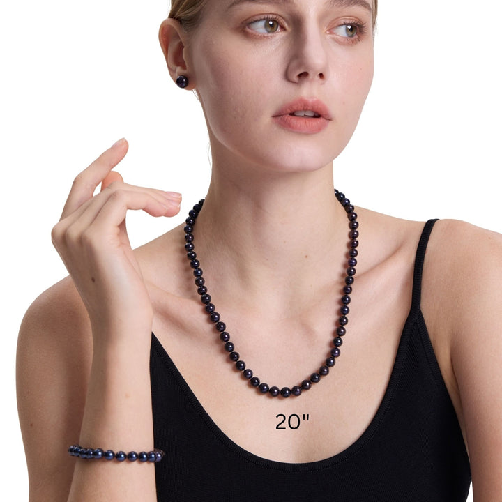 20 Inch ROUND Black Pearl Set Necklace Bracelet Earrings