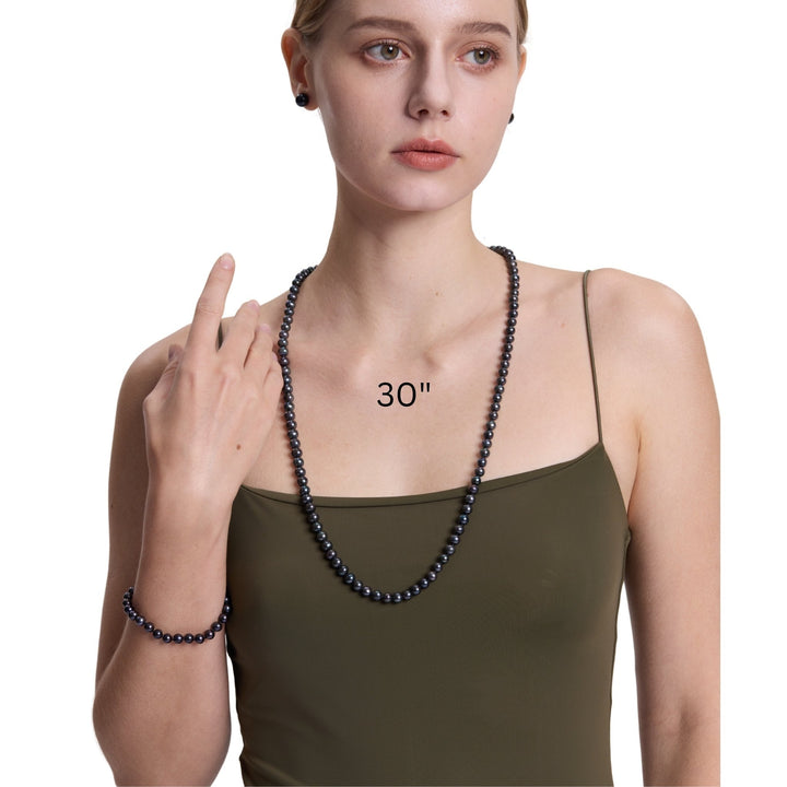 Long 30 Inch ROUND Black Pearl Set Necklace Bracelet Earrings
