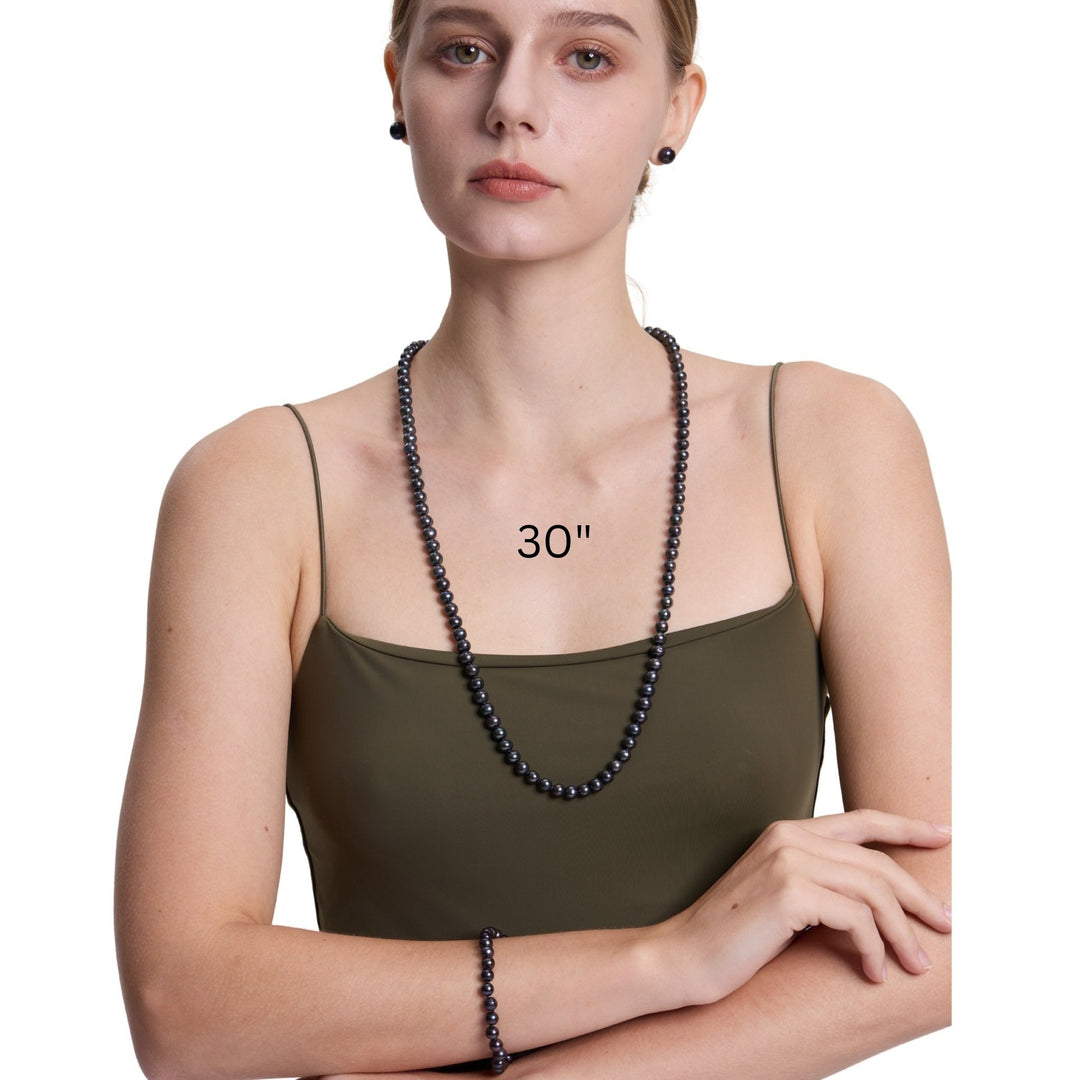 Long 30 Inch ROUND Black Pearl Set Necklace Bracelet Earrings