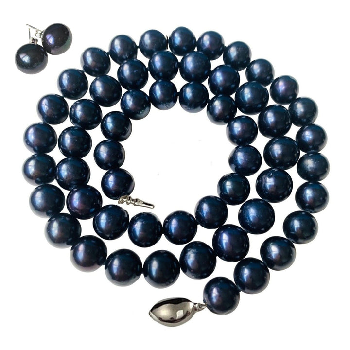 18 Inch ROUND Black Pearl Set Necklace Earrings