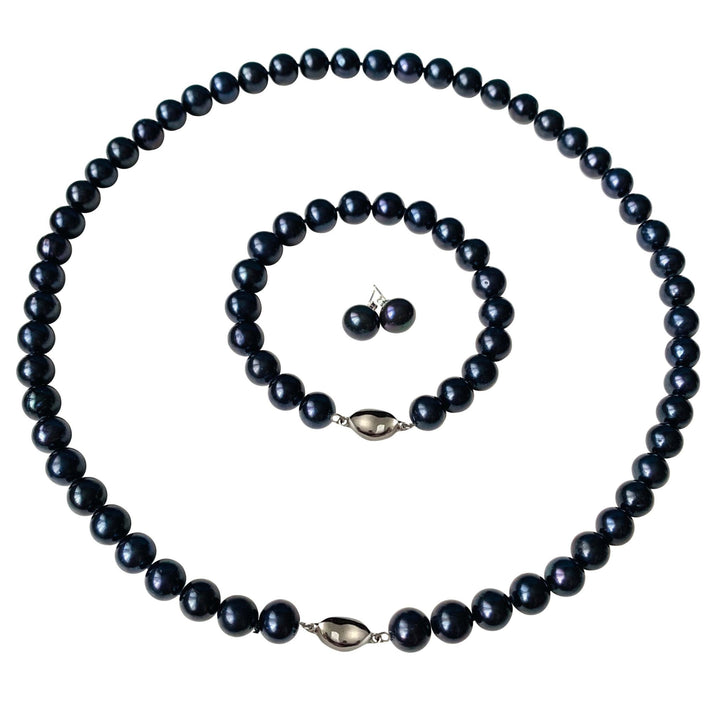 18 Inch ROUND Black Pearl Set Necklace Bracelet Earrings