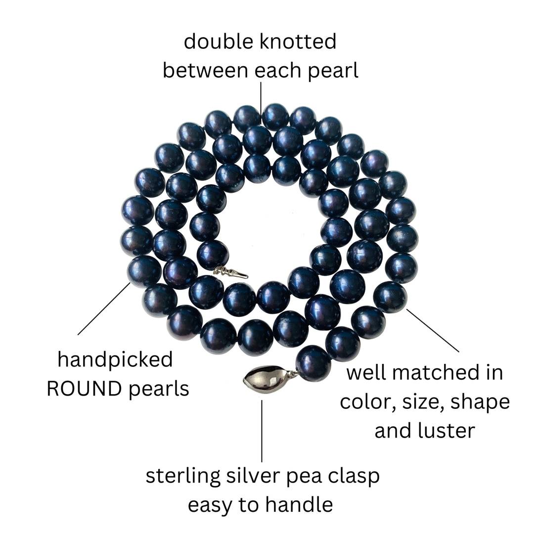 Long 30 Inch ROUND Cultured Freshwater Black Pearl Necklace