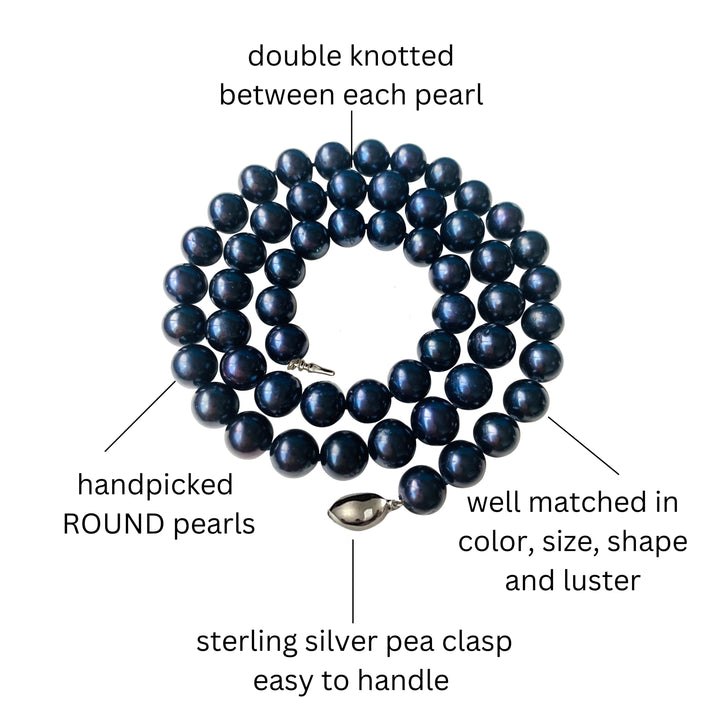 Long 30 Inch ROUND Cultured Freshwater Black Pearl Necklace