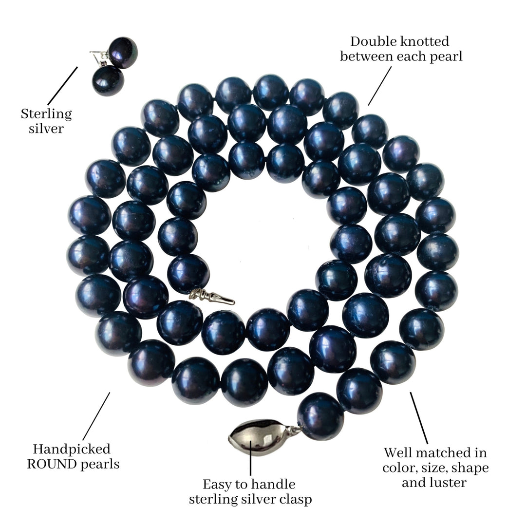 Long 24 Inch ROUND Black Pearl Set Necklace Earrings