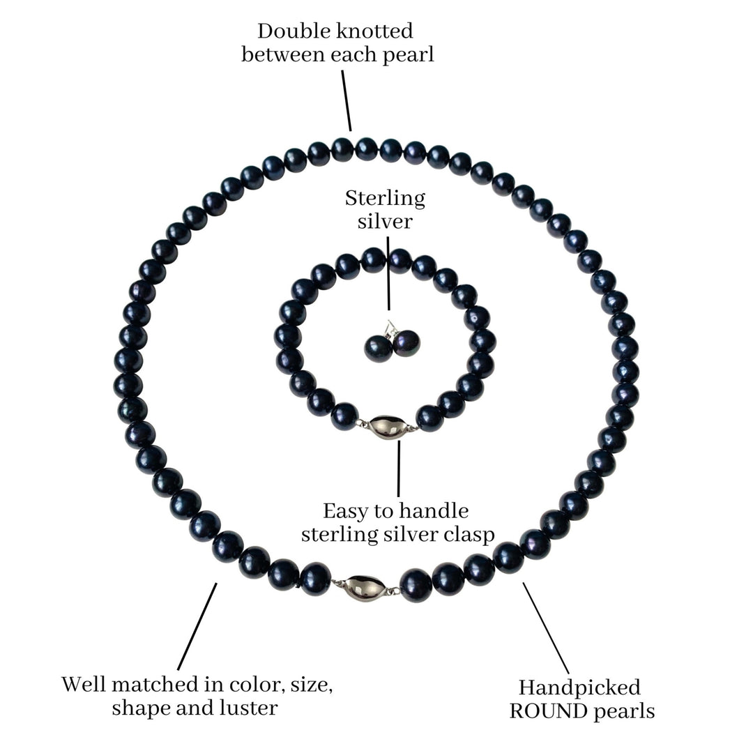 Long 36 Inch ROUND Black Pearl Set Necklace Bracelet Earrings