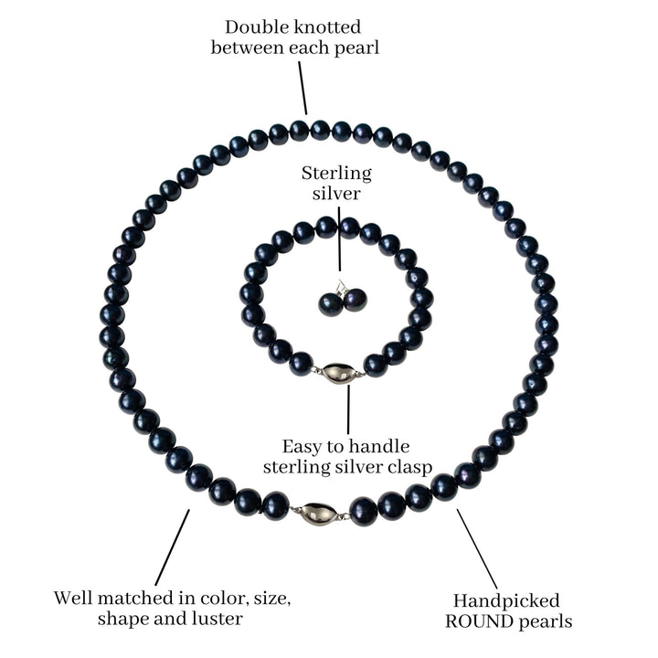 Long 24 Inch ROUND Black Pearl Set Necklace Bracelet Earrings