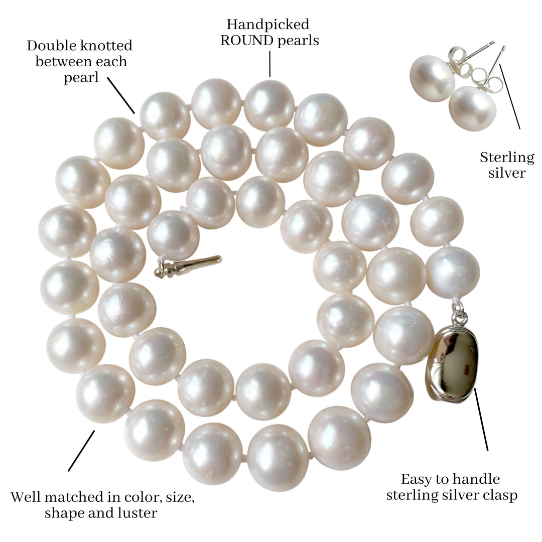 Large 18 Inch ROUND White Pearl Necklace Earrings Set