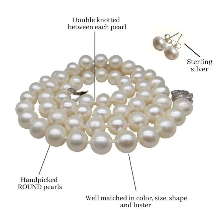 Long 24 Inch ROUND White Pearl Set Necklace Earrings