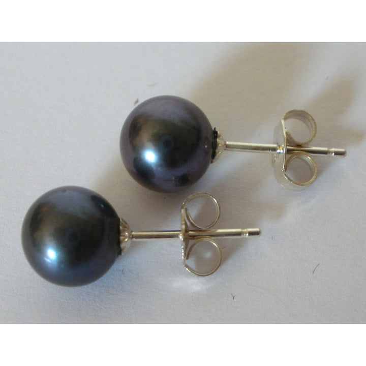 Sterling Silver Round Black Pearl Stud Earrings