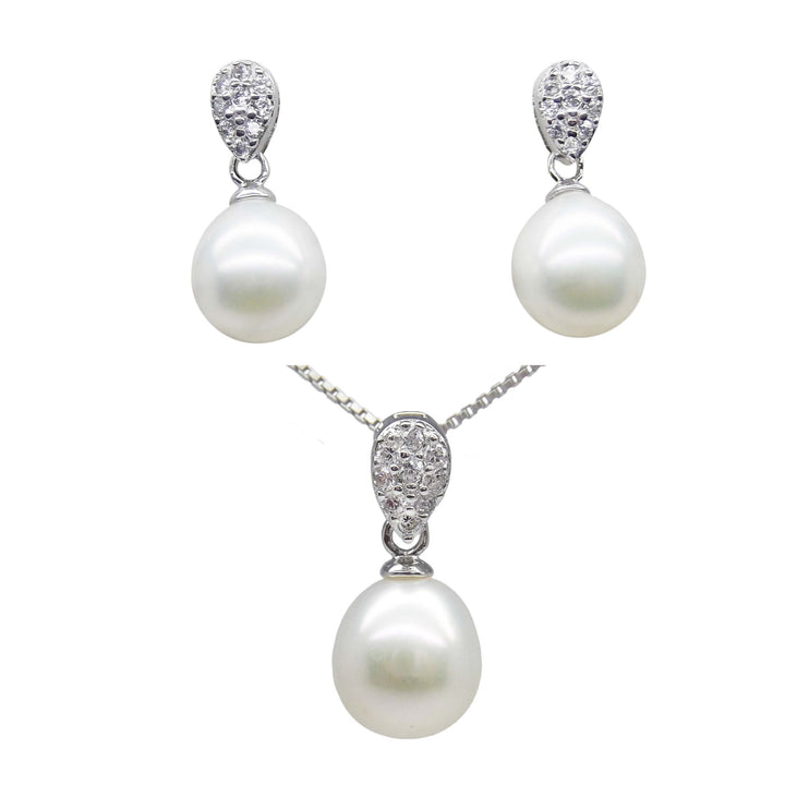 8.5mm White Pearl Pendant Necklace Earrings Set