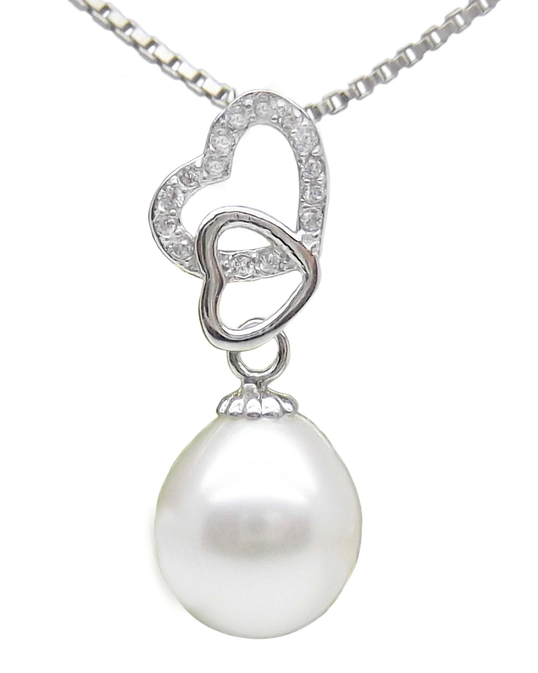 8.5mm Double Hearts White Pearl Pendant Necklace Earrings Set