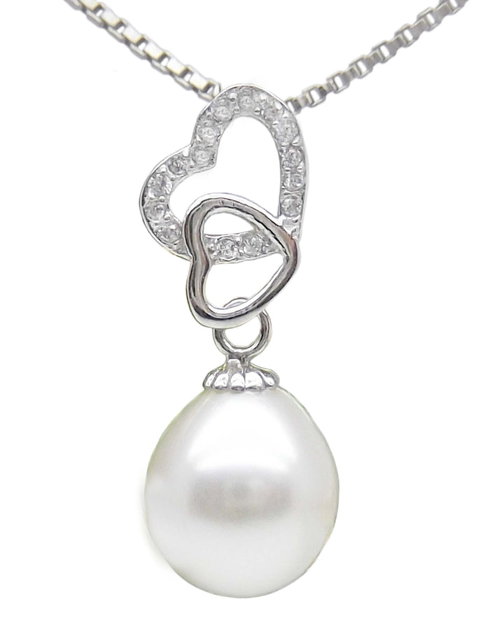 8.5mm Double Hearts White Pearl Pendant Necklace Earrings Set