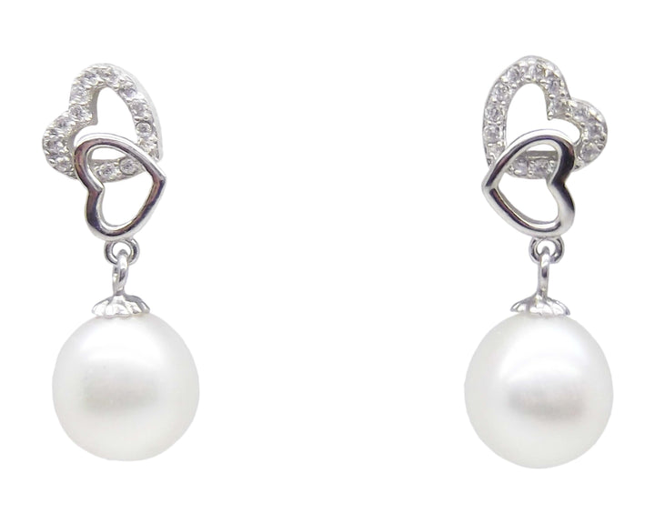 8.5mm Double Hearts White Pearl Pendant Necklace Earrings Set