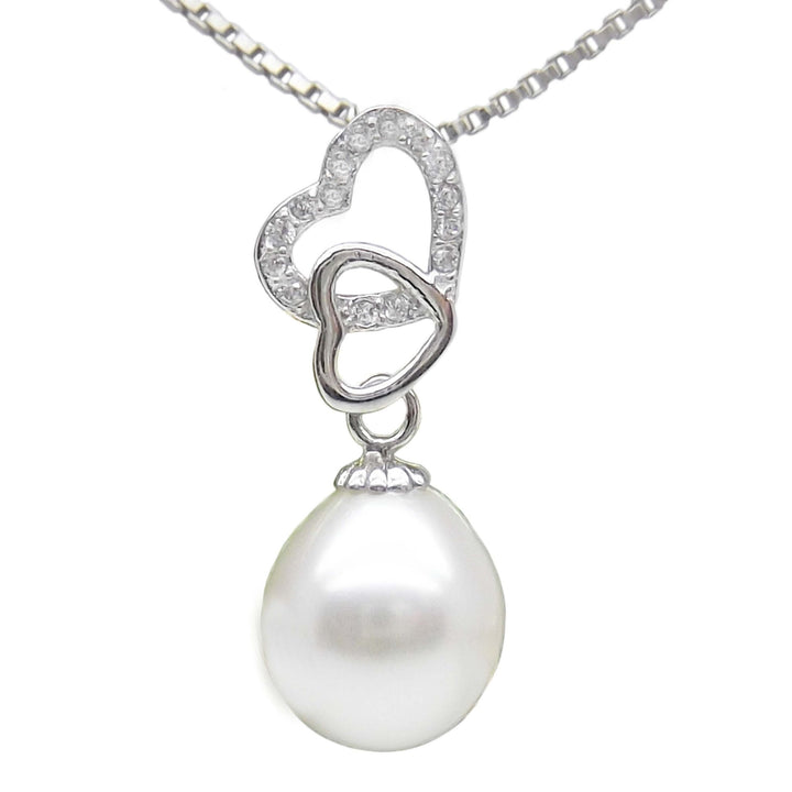 8.5mm Double Hearts White Pearl Pendant Necklace