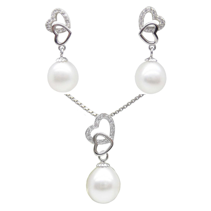 8.5mm Double Hearts White Pearl Pendant Necklace Earrings Set