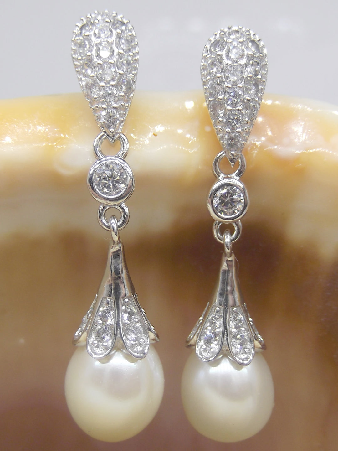 White Drop Pearl Dangle Earrings Cubic Zirconia Wedding