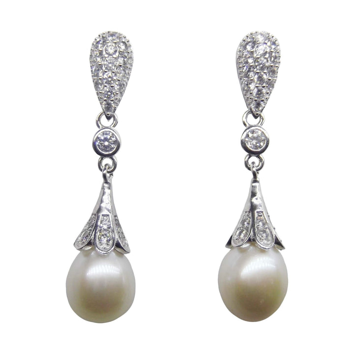 White Drop Pearl Dangle Earrings Cubic Zirconia Wedding