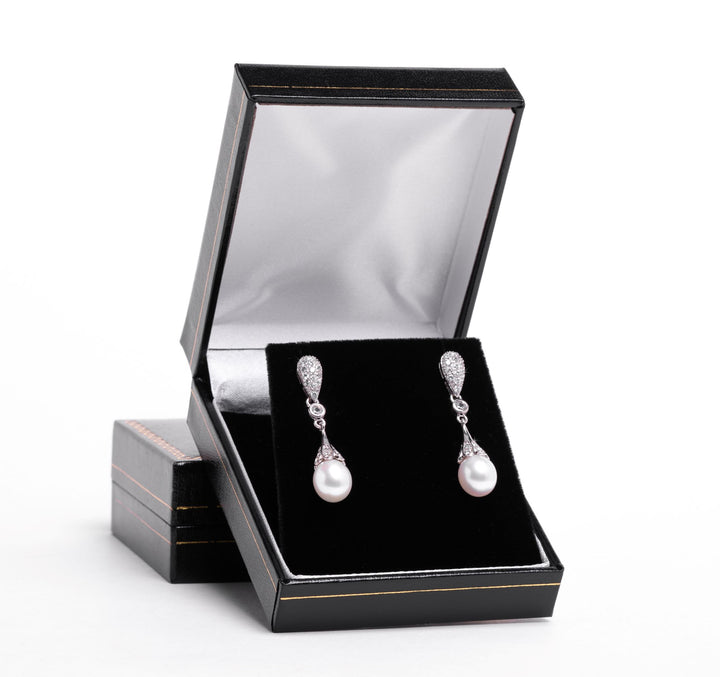 White Drop Pearl Dangle Earrings Cubic Zirconia Wedding