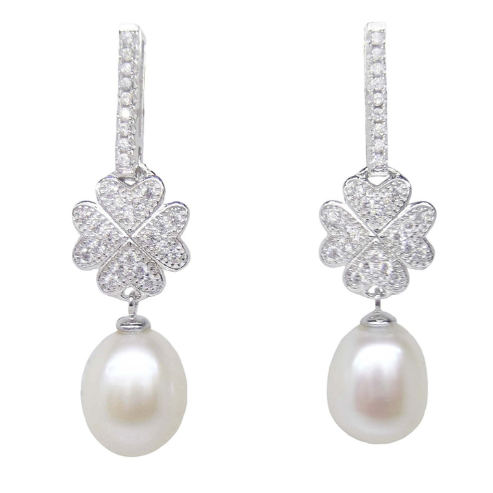 White Drop Pearl Dangle Earrings Cubic Zirconia Hearts Flower