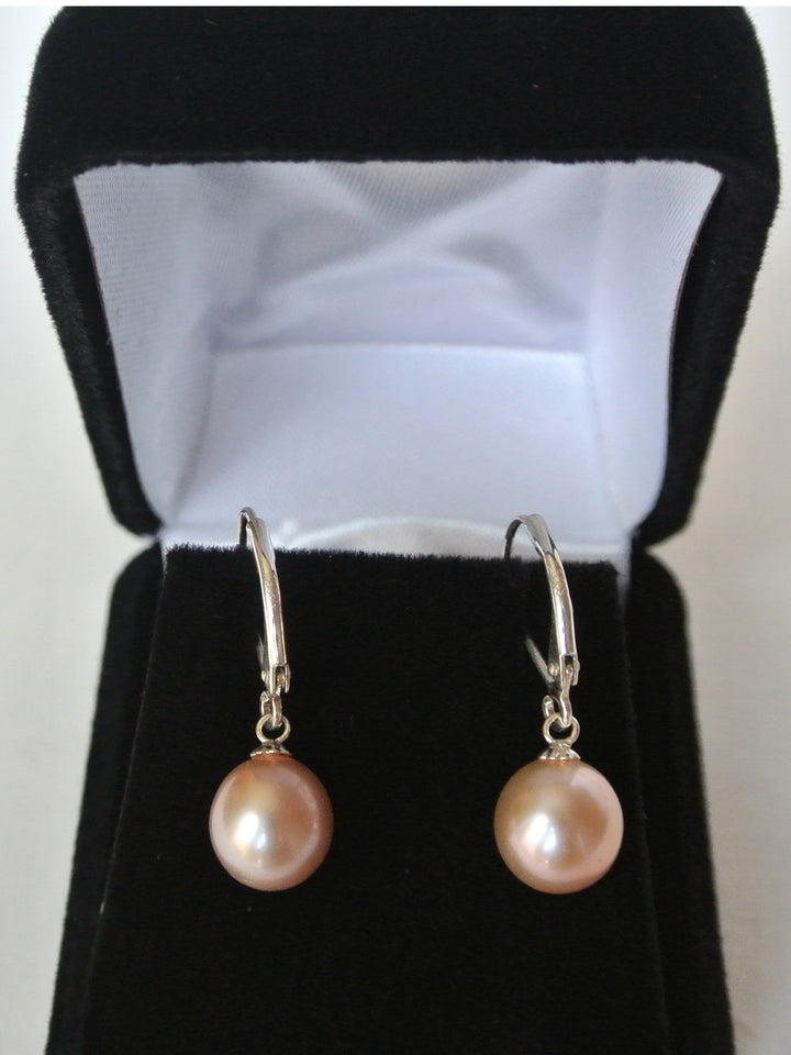 Round Peach Pearl Earrings Lever back Sterling Silver