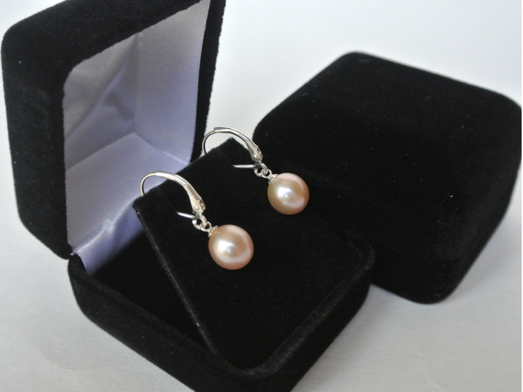 Round Peach Pearl Earrings Lever back Sterling Silver