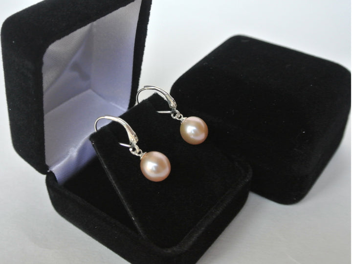 Round Peach Pearl Earrings Lever back Sterling Silver