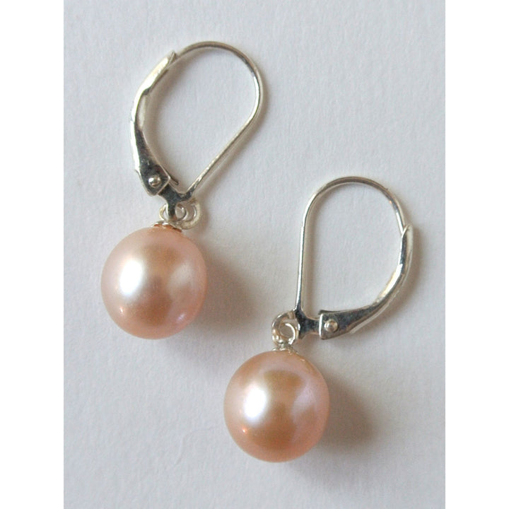 Round Peach Pearl Earrings Lever back Sterling Silver