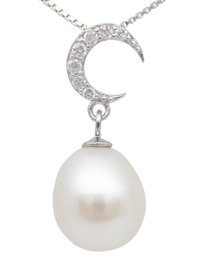 8.5mm Sterling Silver Moon White Pearl Pendant Necklace Earrings Set