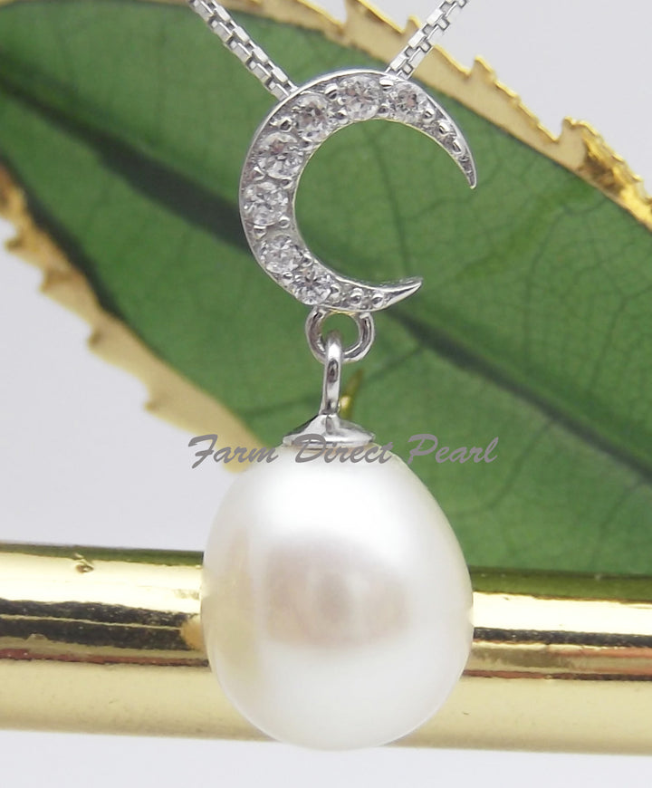 8.5mm Sterling Silver Moon White Pearl Pendant Necklace Earrings Set