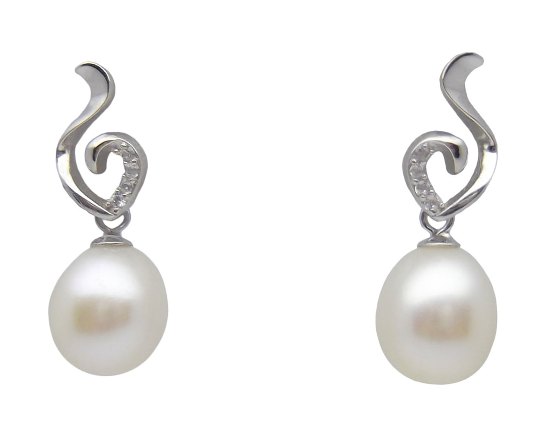 8.5mm Sterling Silver Flame White Pearl Pendant Necklace Earrings Set