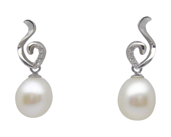 8.5mm Sterling Silver Flame White Pearl Pendant Necklace Earrings Set