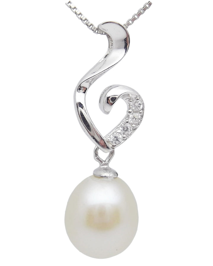 8.5mm Sterling Silver Flame White Pearl Pendant Necklace Earrings Set