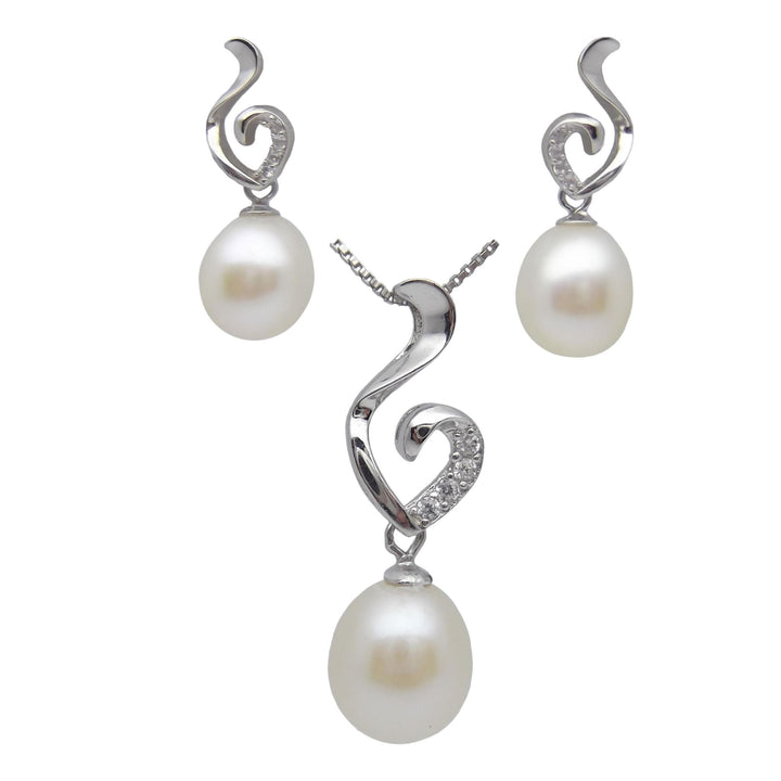 8.5mm Sterling Silver Flame White Pearl Pendant Necklace Earrings Set