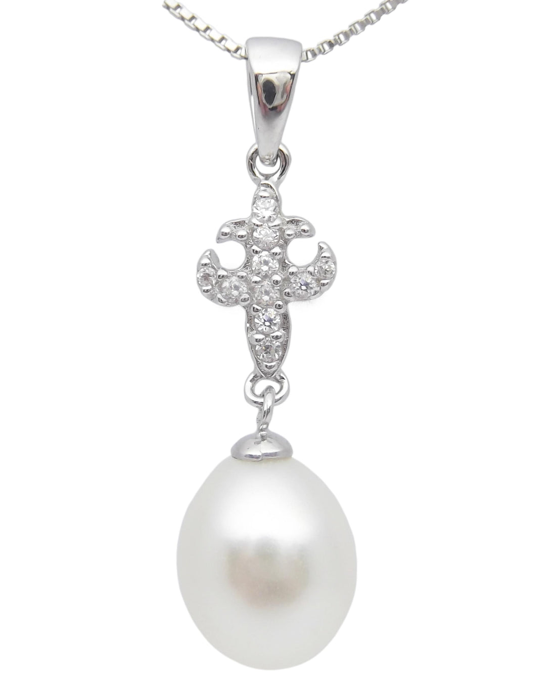 8.5mm Sterling Silver White Pearl Pendant Necklace Earrings Set
