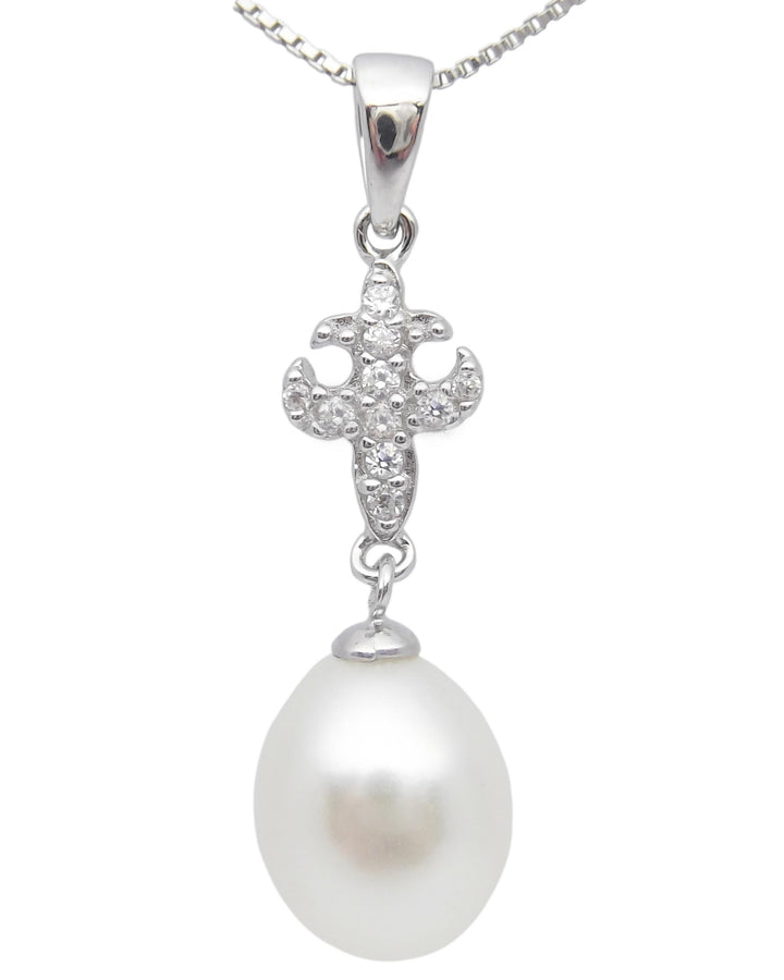 8.5mm Sterling Silver White Pearl Pendant Necklace Earrings Set