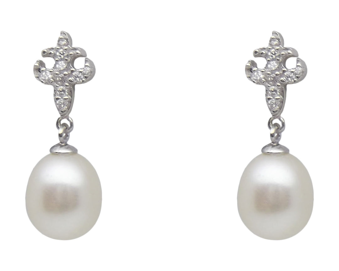 8.5mm Sterling Silver White Pearl Pendant Necklace Earrings Set