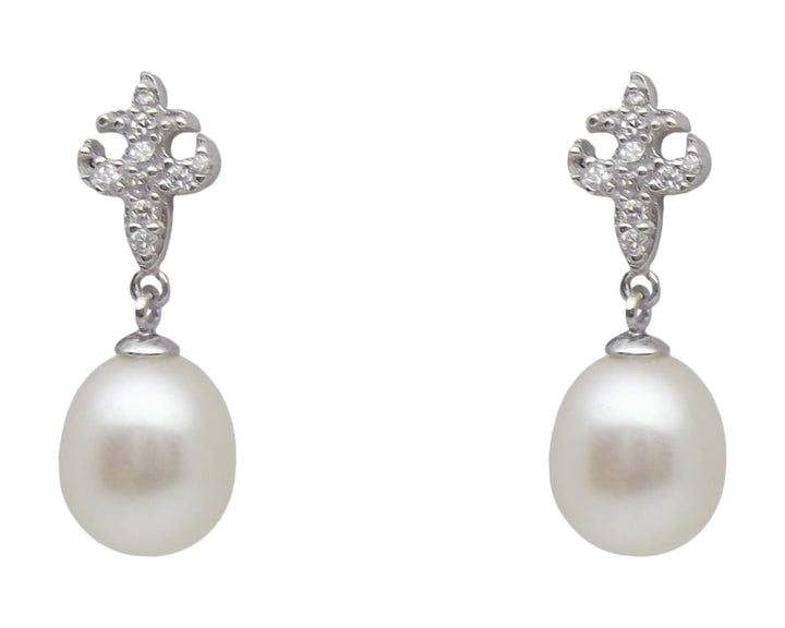 8.5mm Sterling Silver White Pearl Pendant Necklace Earrings Set