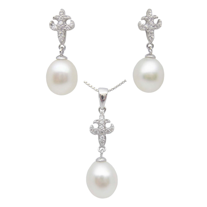 8.5mm Sterling Silver White Pearl Pendant Necklace Earrings Set