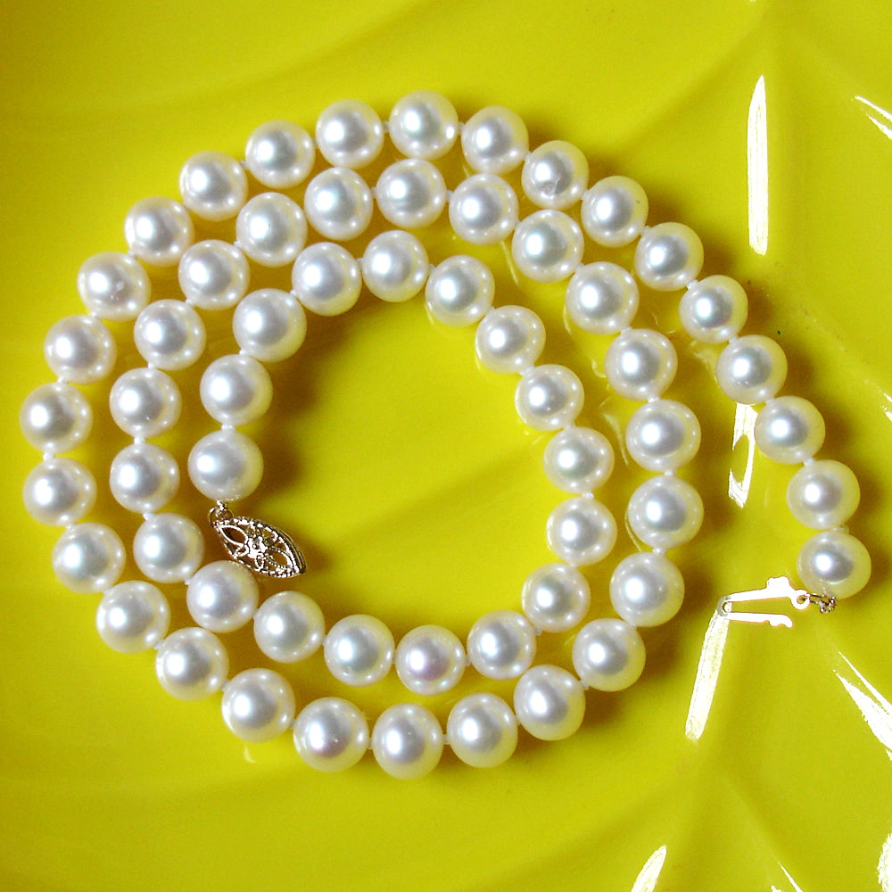 AAAA+ 16 Inch Choker 8-8.5mm White Pearl Necklace 14K Yellow Gold Clasp Cultured Freshwater