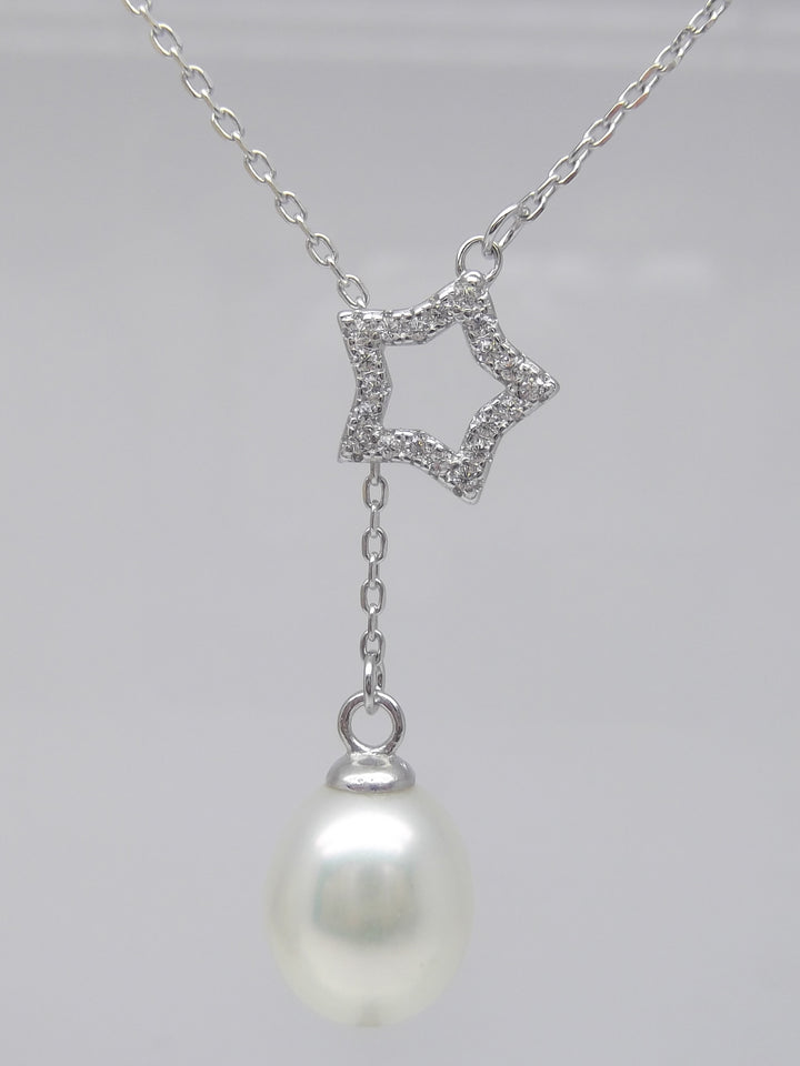 Lariat Sterling Silver 8.5mm White Pearl Pendant Necklace